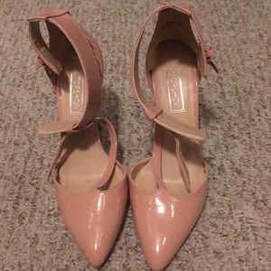 Tan leather ankle strap heels